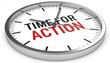 © Husen - A close-up image of a clock face with the words 'TIME FOR ACTION' written on it.