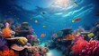 © Ellen - underwater coral reef landscape wide panorama background in the deep blue ocean with colorful fish and marine life