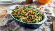 © latifah - Homemade green bean casserole, a Thanksgiving holiday tradition, displayed in a blue casserole dish ready to be served for a comforting family meal