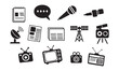 © Sjn - Vector silhouette news media icons pack, including TV, radio, newspapers, magazines, news, interviews, broadcasting, press, journalism symbols