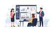 © Bening - Business team analyzing data on dashboard isolated on man pointing at charts and graphs on screen woman holding tablet coworkers discussing project