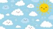 © Indri - Cheerful Cartoon Sky with Smiling Sun and Kawaii Clouds perfect for children's book illustration, nursery decor, web design, app background, greeting