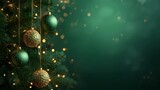 "Luxury Christmas background with elegant deep green tones, beautiful premium Christmas ornaments, warm glowing fairy lights, soft golden reflections, cozy festive atmosphere, smooth gradient backdrop