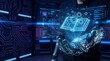 © Worldwide - Online education technology concept. Futuristic image of a robotic hand holding a digital book, symbolizing technology and knowledge.