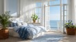 © irawan - Bright coastal bedroom features white walls and blue bedding opening onto an ocean view