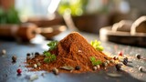 Red spice powder mound with peppercorns and herbs paprika