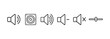 © PNG King - Set of hand drawn sound icons showing speaker volume up, speaker with sound waves, speaker volume down, mute symbol, and volume slider for interface use.