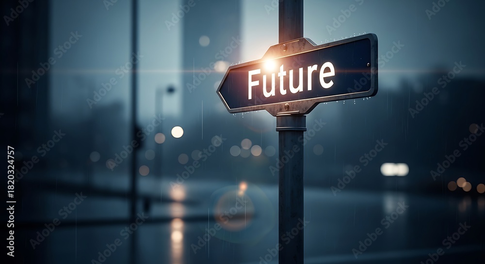 Illuminated future signpost points the way forward on a rainy atmospheric city street at dusk