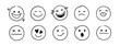 © Polina Tomtosova - Doodle Emoji face icon set. Hand drawn sketch doodle style. Emoji with different emotion mood, happy, sad, smile face. Comic line emoticon character art. Vector illustration