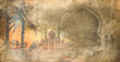 © one - Desert Journey Ancient Arches and Distant Mosques . canvas texture background with islamic . Old brown ramadan and free space for text arabic . Islamic Background  Arabic Muslim Holy Month Ramadan