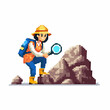 © Deswan - Pixel art illustration of a geologist examining a rock with a magnifying glass.