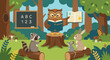 © WealthyMinion - Owl Teaching Forest AnimalsFlat vector wise owl wearing glasses teaching small animals