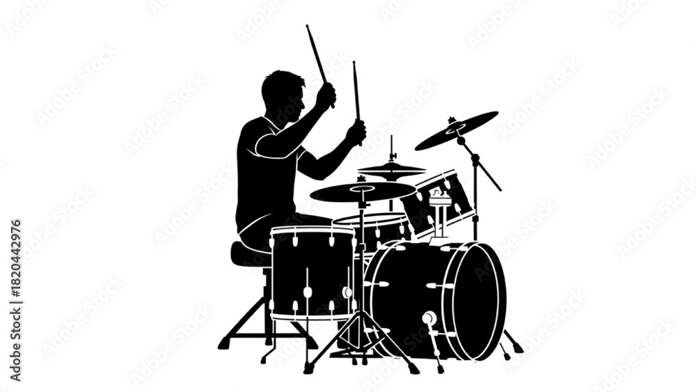 Dynamic silhouette of a musician passionately playing a drum kit ...