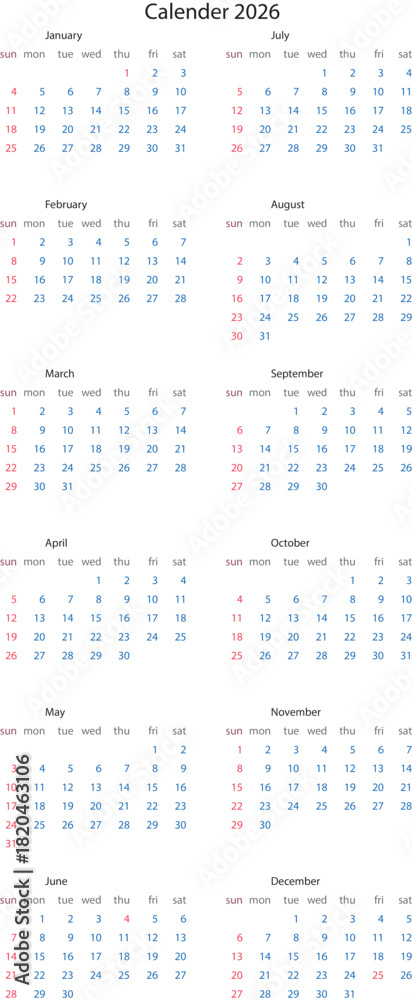 Image vectorielle Stock Calendar for the year 2026 showing all months ...