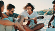 © peopleimages.com - Beach, friends and play guitar on vacation, relax or bonding together outdoor for summer celebration. Seashore, group and people with acoustic instrument for travel music, song or party on holiday