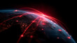 © kobkeroku - Glowing red lines connect various points on a dark Earth viewed from space, symbolizing global digital communication and data exchange networks at night