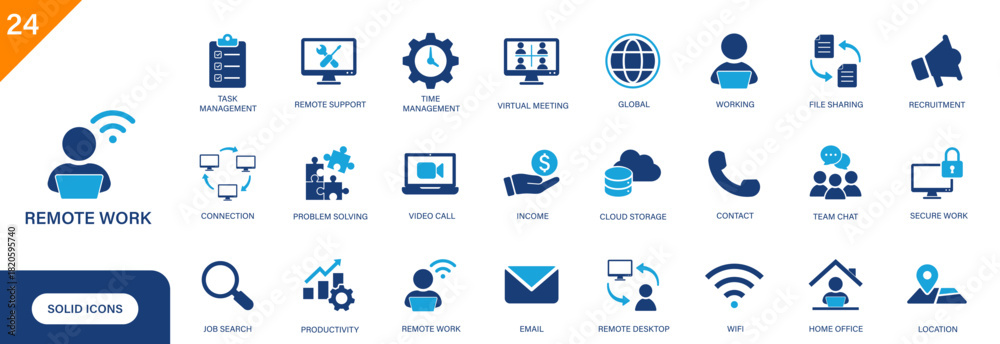 Remote work icon. Includes remote support, file sharing, home office ...