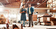 © P2000/peopleimages.com - Carpentry, meeting and people on tablet in factory for planning, construction and woodworking business. Carpenter, teamwork and men on digital tech for online inventory for timber, lumber and wood