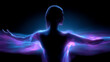 © Secrets inside - Silhouetted figure surrounded by ethereal, glowing blue and purple light waves, evoking a sense of energy, spirit, and mysticism in a dark, abstract background