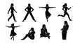 © Stock Image Paradise - Set of vector silhouettes of a woman in different poses like walking, running, sitting, and standing