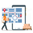 © AlHanif - Delivery person with mobile phone and packages, ideal for online shopping, delivery services, courier apps, and technology concept.