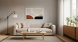 © Ehtisham - Neutral-toned living room with beige sofa and minimalist decor with floor lamp and artwork, for a model home.