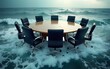 © Samuel - Round boardroom table surrounded by chairs floats in turbulent ocean waves symbolizing business risks and leadership challenges, surreal corporate crisis metaphor. High quality