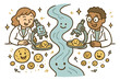 © Александр Михайлюк - Cheerful Sediment Analysis. Joyful doodle river sediment lab with happy researchers, cartoon microscopes observing cheerful sand
