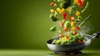 © Sadia_art - Fresh vegetables rise from a wok in a clean studio setup. The bright colours contrast beautifully with the olive green background. The scene highlights healthy cooking and vibrant food styling