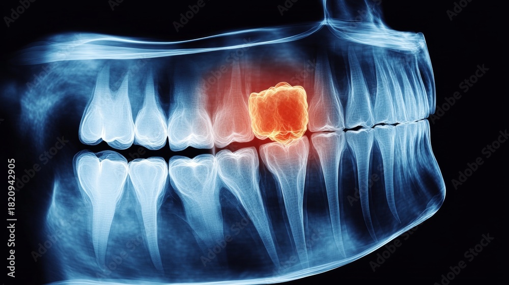 Detailed X-Ray of Impacted Wisdom Tooth with Inflammation Highlighted ...