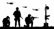 © Jonathan - Solemn silhouette of soldiers honoring a fallen comrade with a battlefield cross memorial under a sky with helicopters