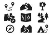 © Александр Михайлюк - Adventure Icons. Solid style icons of exploration and outdoor travel: hiking route icon, mountain path, forest trail marker,