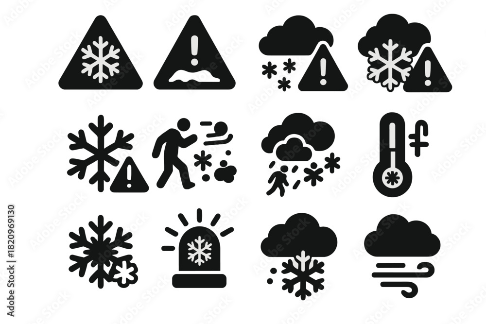 Weather Alert Icons. Solid style icons of weather alerts and symbols ...