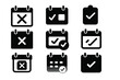 © Александр Михайлюк - Event Icons Collection. Solid style icons of cancelled or completed events: crossed-out calendar, checkmark on date, finished task