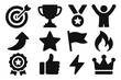 © Александр Михайлюк - Motivation Icons. Solid style icons of Motivation: goal target, trophy icon, medal achievement, victory pose, progress arrow,