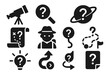 © Александр Михайлюк - Icons of Curiosity. Solid style icons of Curiosity: telescope with ?, magnifying glass mark, discovery question, space mystery,