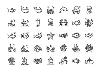 Naklejka na meble A diverse collection of marine life and underwater world icons