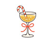 © Daria - Festive cocktail glass with candy cane and red ribbon bow, sparkling holiday drink in elegant outline style, cheerful Christmas celebration element for seasonal designs. Vector illustration.
