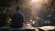 © maxximmm - A young boy sits atop a large stone, absorbed in peaceful thoughts while surrounded by the lush greenery of nature. The boy's calm expression reflects a moment of tranquility and i