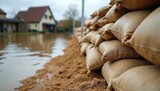 Stack of sandbags create barrier against rising flood water near flooded houses. Emergency defense protects residential homes from inundated streets and submersion.