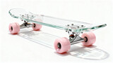 Transparent skateboard with pink wheels on a clean white background for stylish action scenes