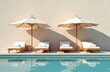 © miss irine - Four empty white loungers sit under beige umbrellas beside bright blue swimming pool. These chairs are ready for guests to relax and sunbathe in warm sunny weather. Scene suggests peaceful vacation.