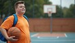 © miss irine - Overweight teenager holding basketball stands on outdoor basketball court. Young boy wearing orange shirt backpack. Active lifestyle obesity concept. Support journey strength and fitness.