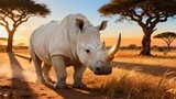 White rhinoceros walking through a dusty savanna at sunset