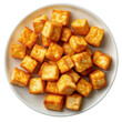 © ArzStudio - Fried Tofu Cubes Served in a White Dish on Clean Background