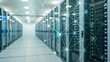 © Johnnii - A modern server room with numerous racks, interconnected by digital network graphics, illustrating data connectivity and technology.