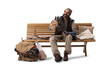 © amedeoemaja - Homeless Man Sitting on Wooden Bench Drinking Wine from bottle and Smiling on White Background