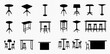 © Adji - A collection of black silhouette icons depicting various bar tables, high tables, and bar stools in different designs, suitable for graphic resources.