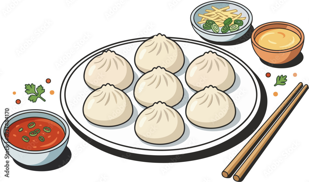 Steamed Dumpling Bao Plate Vector Illustration, Asian Xiao Long Bao with Sauce, Ginger, and Chopsticks