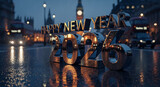 2026 happy new year in london rain with golden metallic text